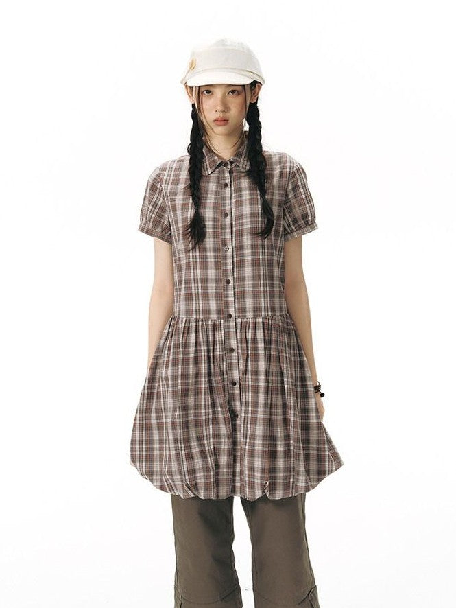 NAPSNAPS Plaid Embroidered Puff Sleeve Shirt Dress Women&