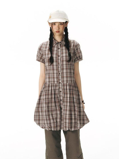 NAPSNAPS Plaid Embroidered Puff Sleeve Shirt Dress Women&