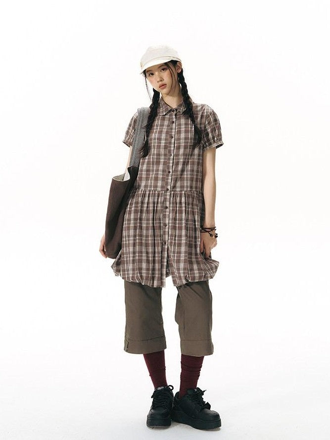 NAPSNAPS Plaid Embroidered Puff Sleeve Shirt Dress Women&