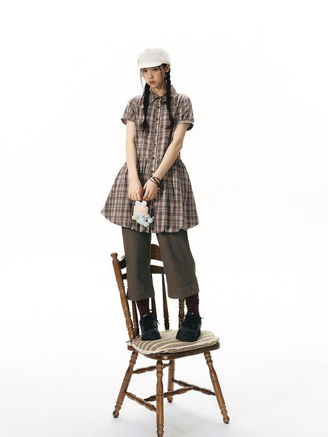 NAPSNAPS Plaid Embroidered Puff Sleeve Shirt Dress Women&
