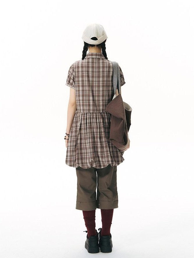 NAPSNAPS Plaid Embroidered Puff Sleeve Shirt Dress Women&