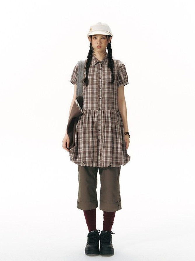 NAPSNAPS Plaid Embroidered Puff Sleeve Shirt Dress Women&