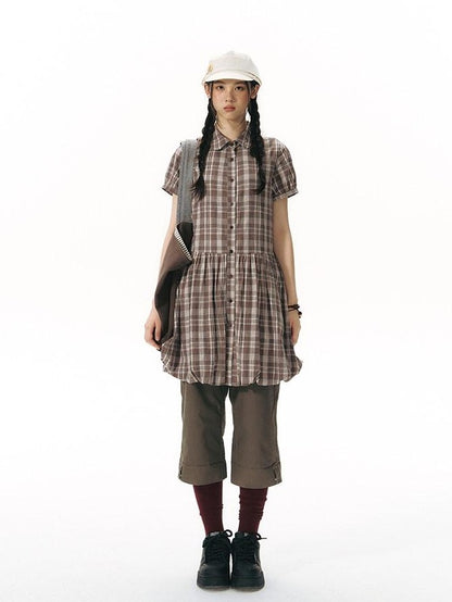 NAPSNAPS Plaid Embroidered Puff Sleeve Shirt Dress Women&