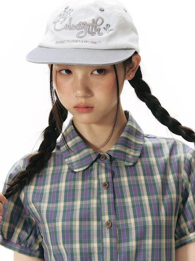 NAPSNAPS Plaid Embroidered Puff Sleeve Shirt Dress Women&
