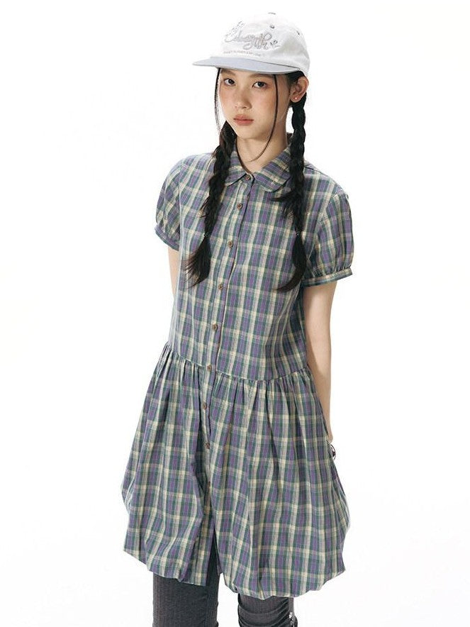 NAPSNAPS Plaid Embroidered Puff Sleeve Shirt Dress Women&
