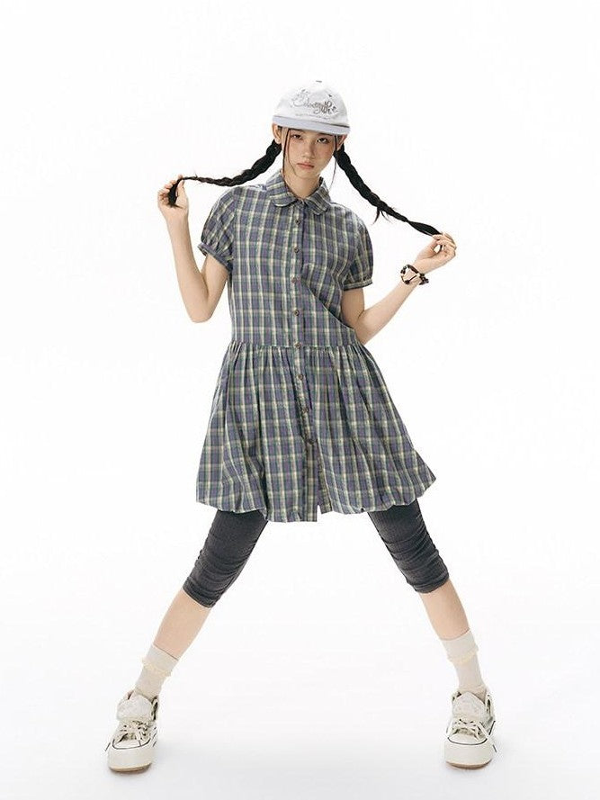NAPSNAPS Plaid Embroidered Puff Sleeve Shirt Dress Women&