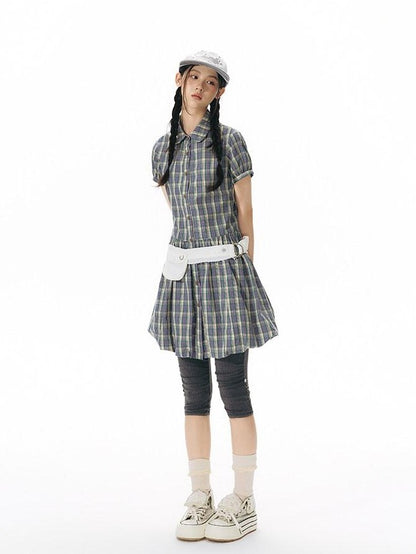 NAPSNAPS Plaid Embroidered Puff Sleeve Shirt Dress Women&