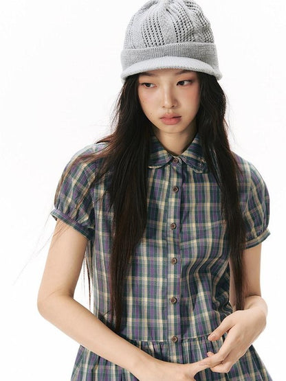 NAPSNAPS Plaid Embroidered Puff Sleeve Shirt Dress Women&
