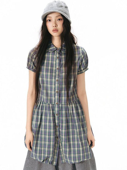 NAPSNAPS Plaid Embroidered Puff Sleeve Shirt Dress Women&
