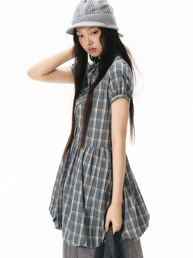 NAPSNAPS Plaid Embroidered Puff Sleeve Shirt Dress Women&