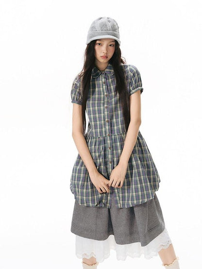 NAPSNAPS Plaid Embroidered Puff Sleeve Shirt Dress Women&