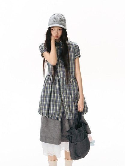 NAPSNAPS Plaid Embroidered Puff Sleeve Shirt Dress Women&