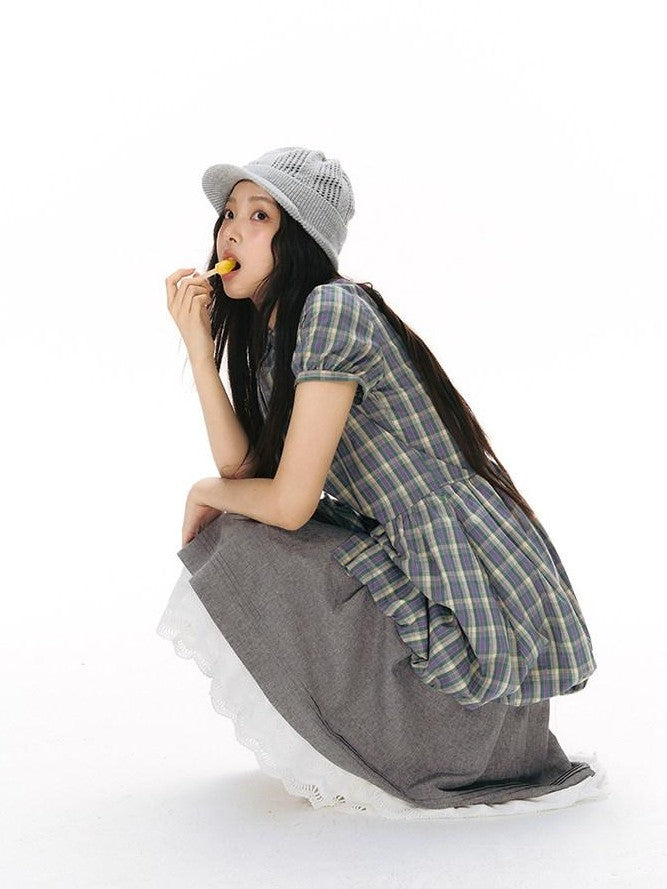 NAPSNAPS Plaid Embroidered Puff Sleeve Shirt Dress Women&