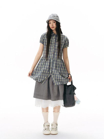 NAPSNAPS Plaid Embroidered Puff Sleeve Shirt Dress Women&