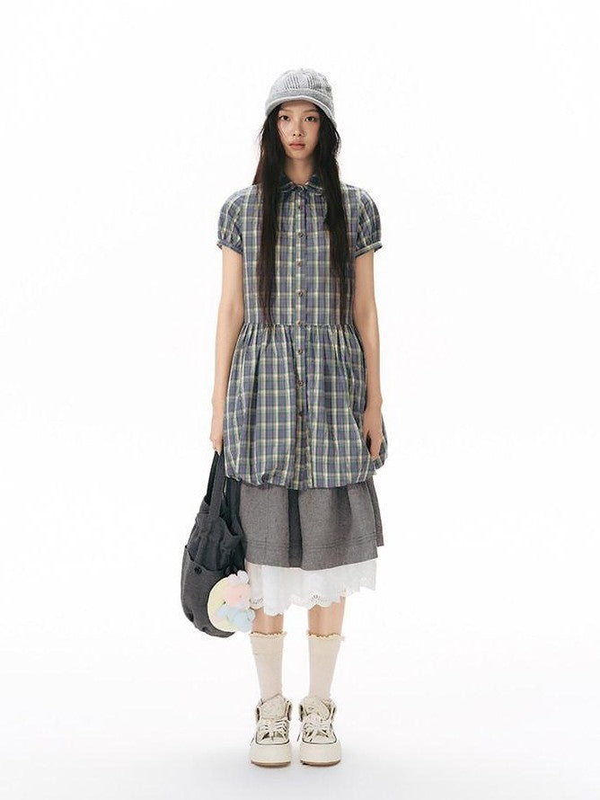 NAPSNAPS Plaid Embroidered Puff Sleeve Shirt Dress Women&