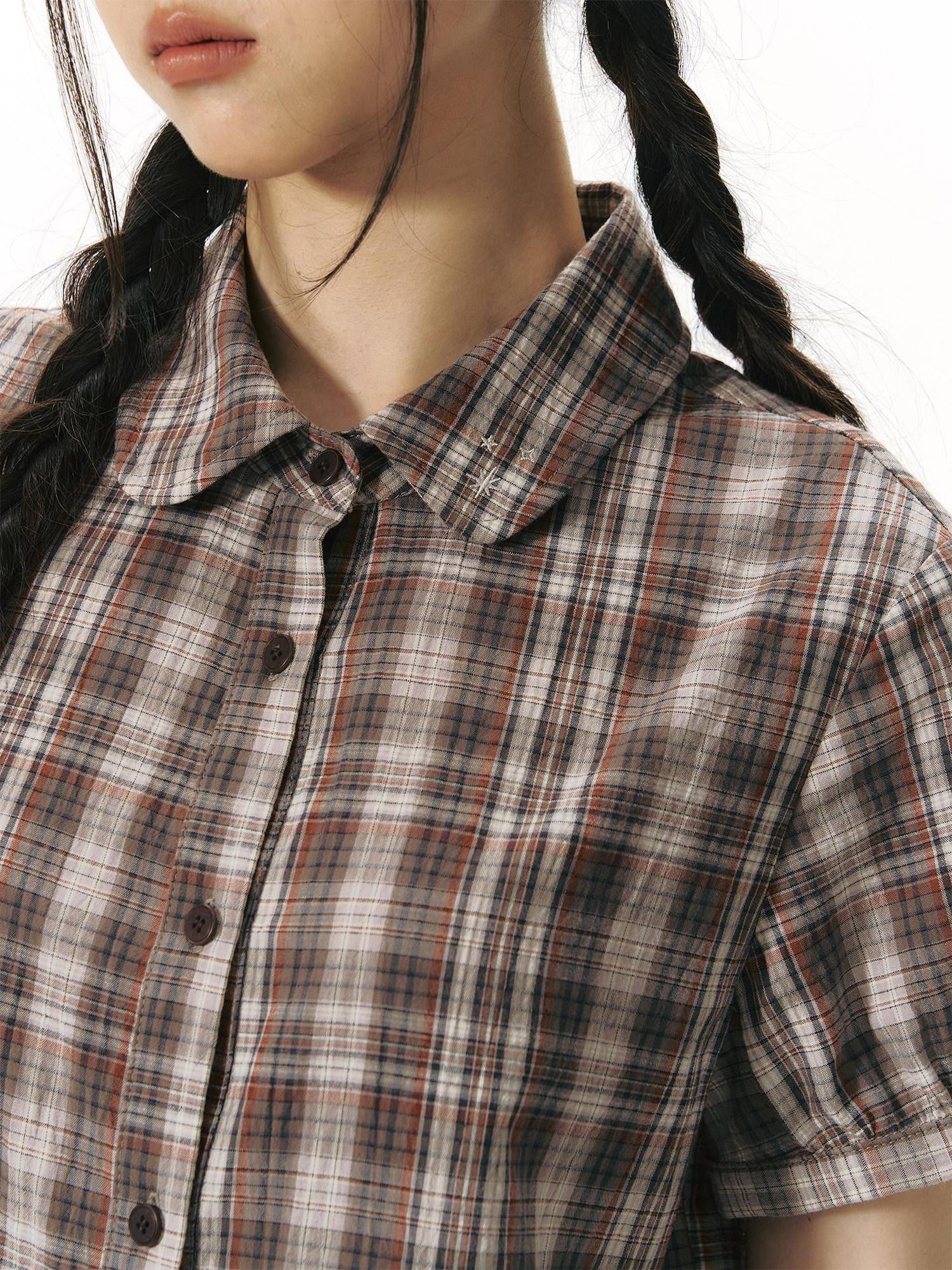 NAPSNAPS Plaid Embroidered Puff Sleeve Shirt Dress Women&