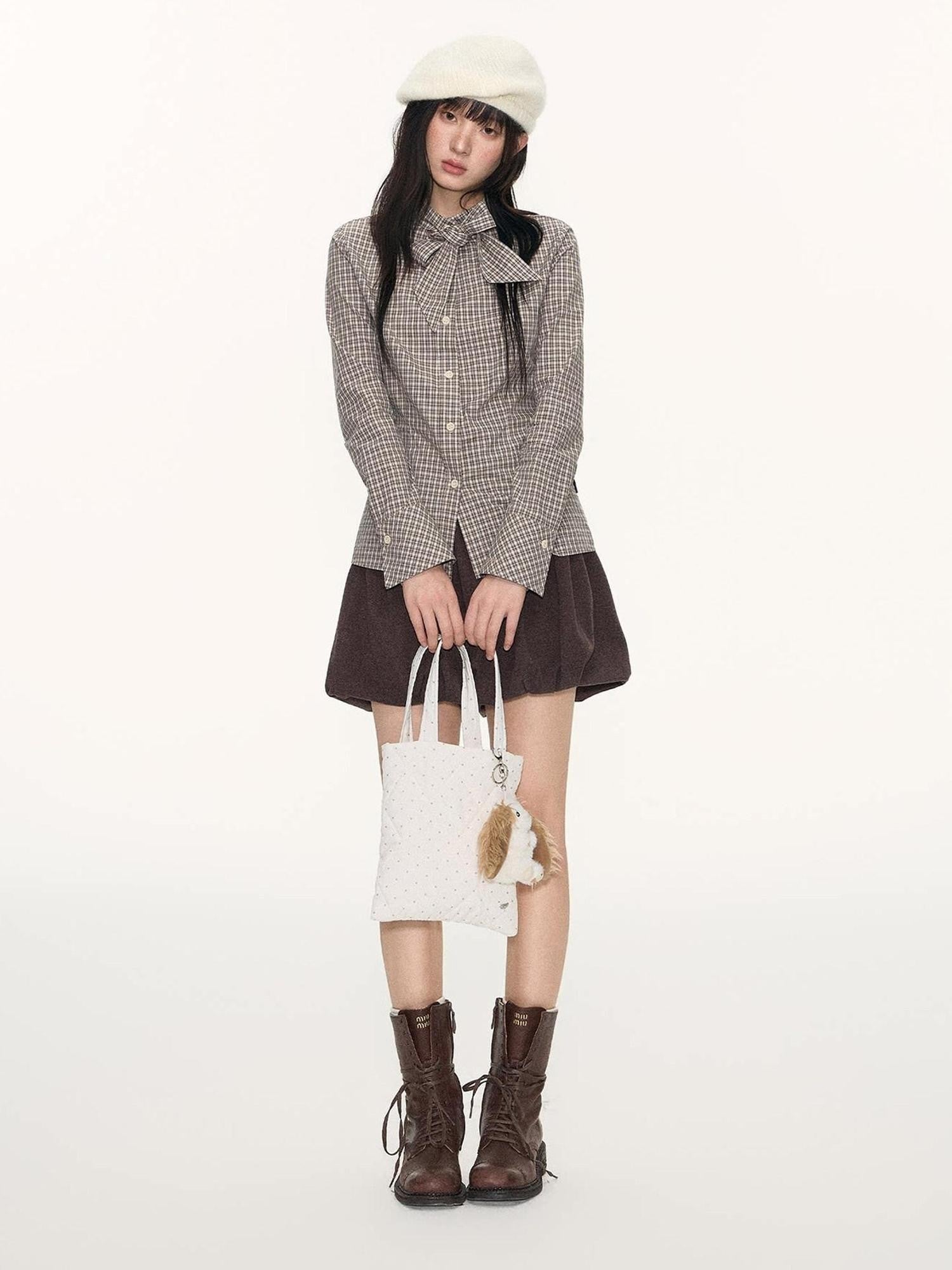NAPSNAPS Plaid Embroidered Tie Collar Waist Cinched Women&