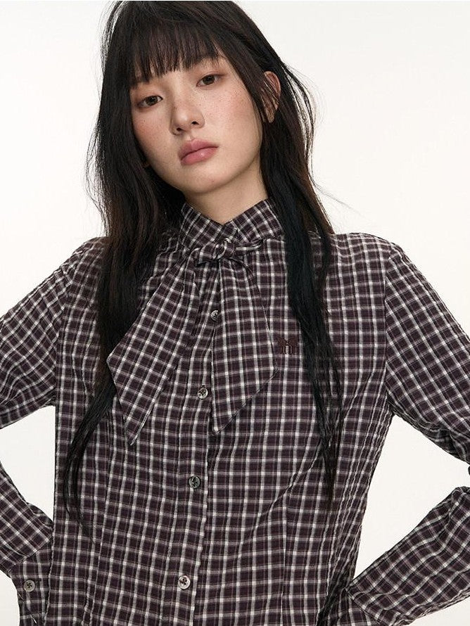 NAPSNAPS Plaid Embroidered Tie Collar Waist Cinched Women&