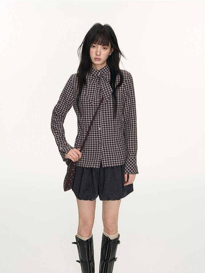 NAPSNAPS Plaid Embroidered Tie Collar Waist Cinched Women&