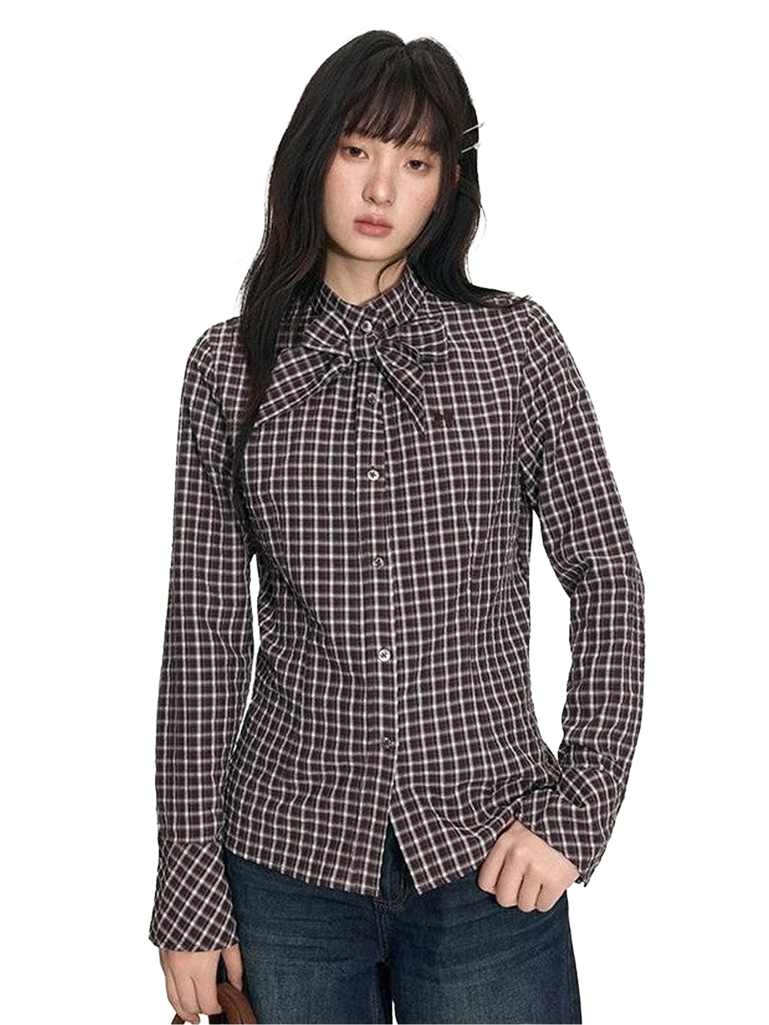 NAPSNAPS Plaid Embroidered Tie Collar Waist Cinched Women&