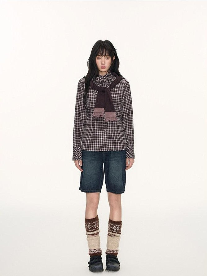 NAPSNAPS Plaid Embroidered Tie Collar Waist Cinched Women&