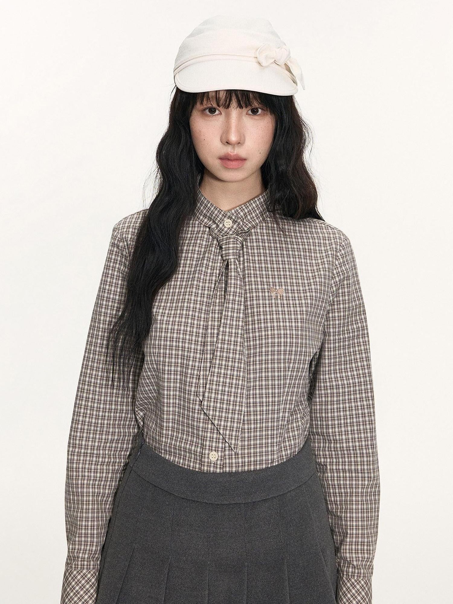 NAPSNAPS Plaid Embroidered Tie Collar Waist Cinched Women&