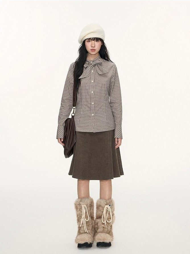 NAPSNAPS Plaid Embroidered Tie Collar Waist Cinched Women&