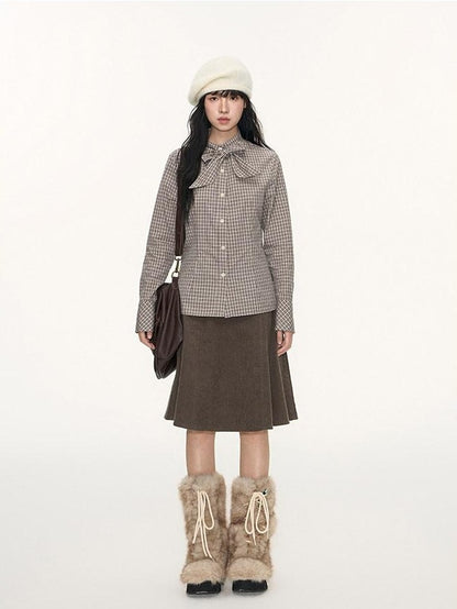 NAPSNAPS Plaid Embroidered Tie Collar Waist Cinched Women&
