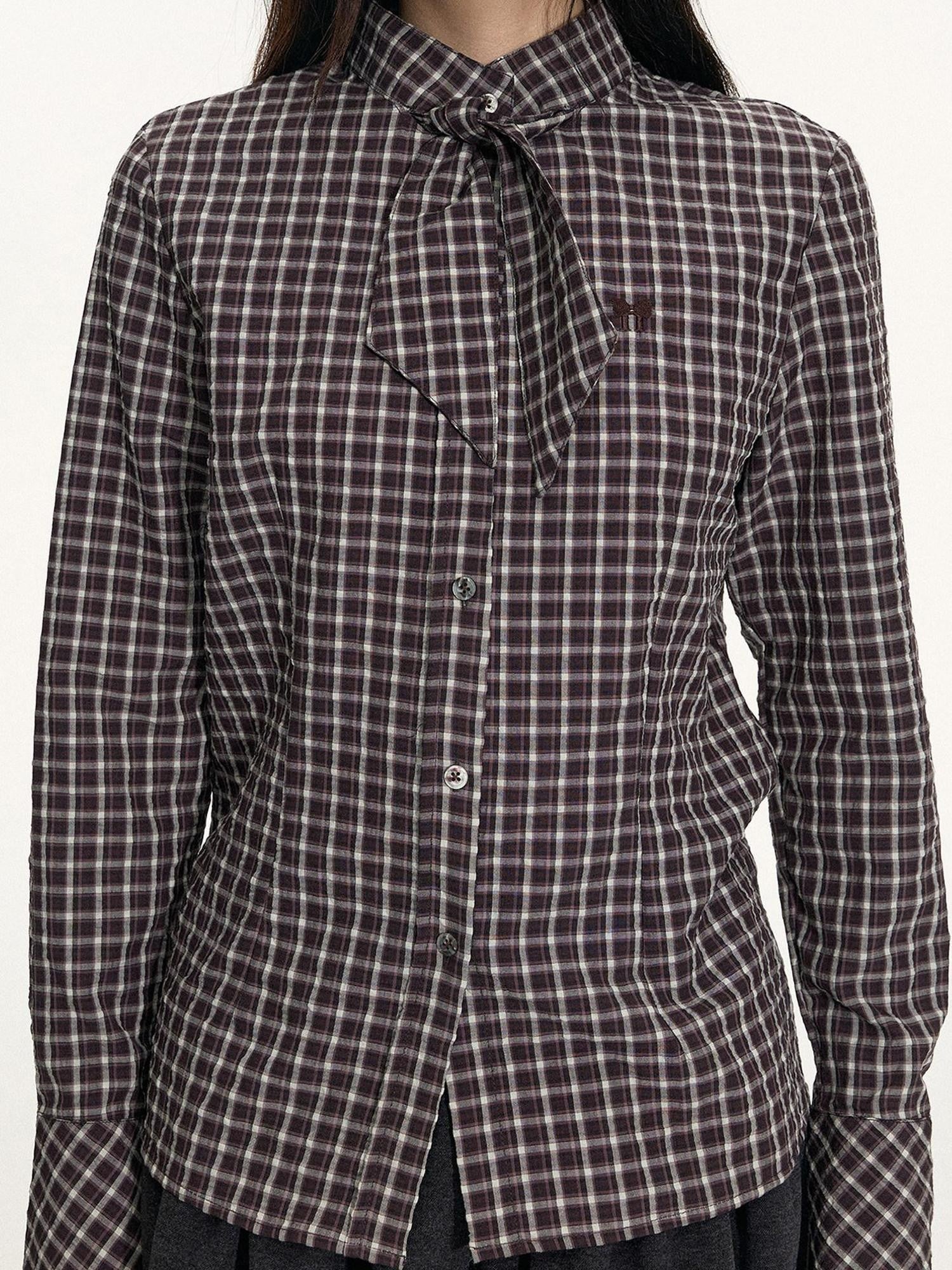 NAPSNAPS Plaid Embroidered Tie Collar Waist Cinched Women&