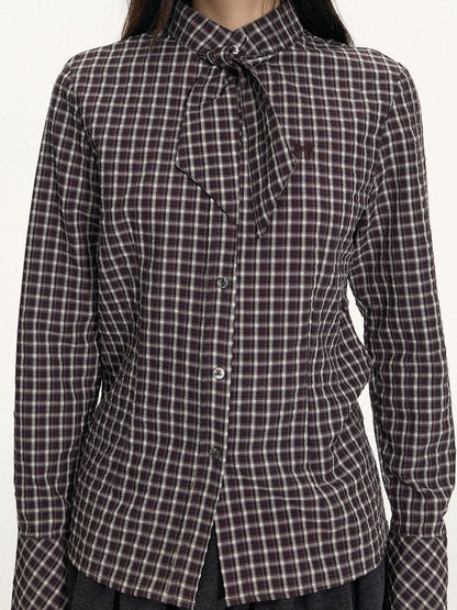 NAPSNAPS Plaid Embroidered Tie Collar Waist Cinched Women&