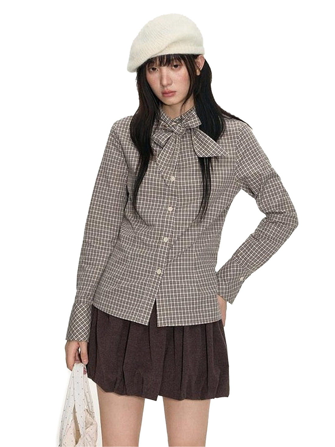 NAPSNAPS Plaid Embroidered Tie Collar Waist Cinched Women&