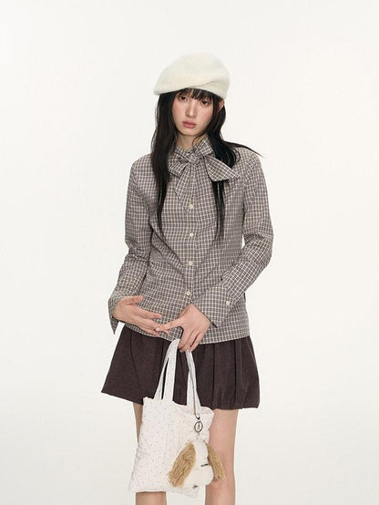 NAPSNAPS Plaid Embroidered Tie Collar Waist Cinched Women&