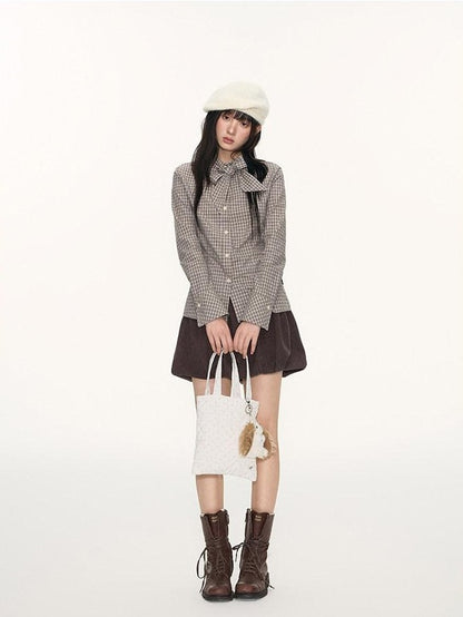 NAPSNAPS Plaid Embroidered Tie Collar Waist Cinched Women&