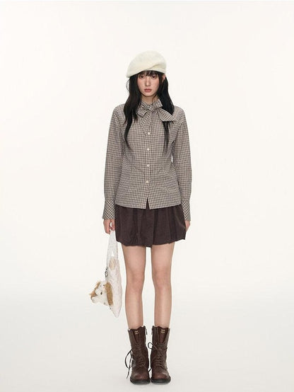 NAPSNAPS Plaid Embroidered Tie Collar Waist Cinched Women&