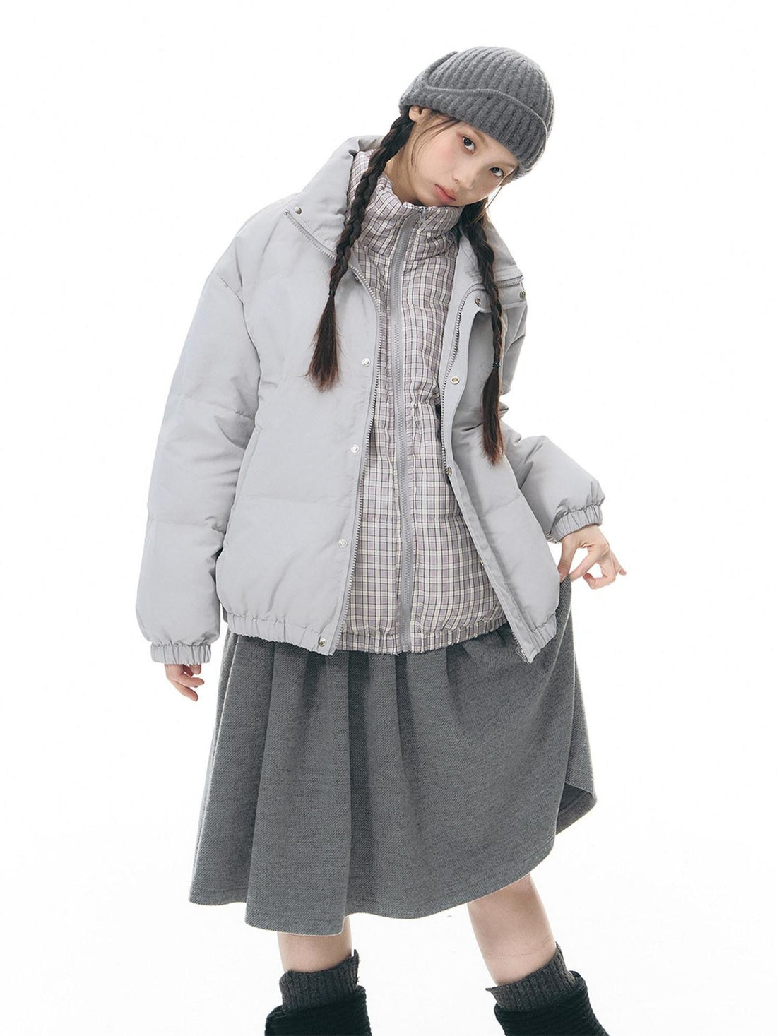 NAPSNAPS Plaid Faux Two Piece Stand Collar Loose Women&