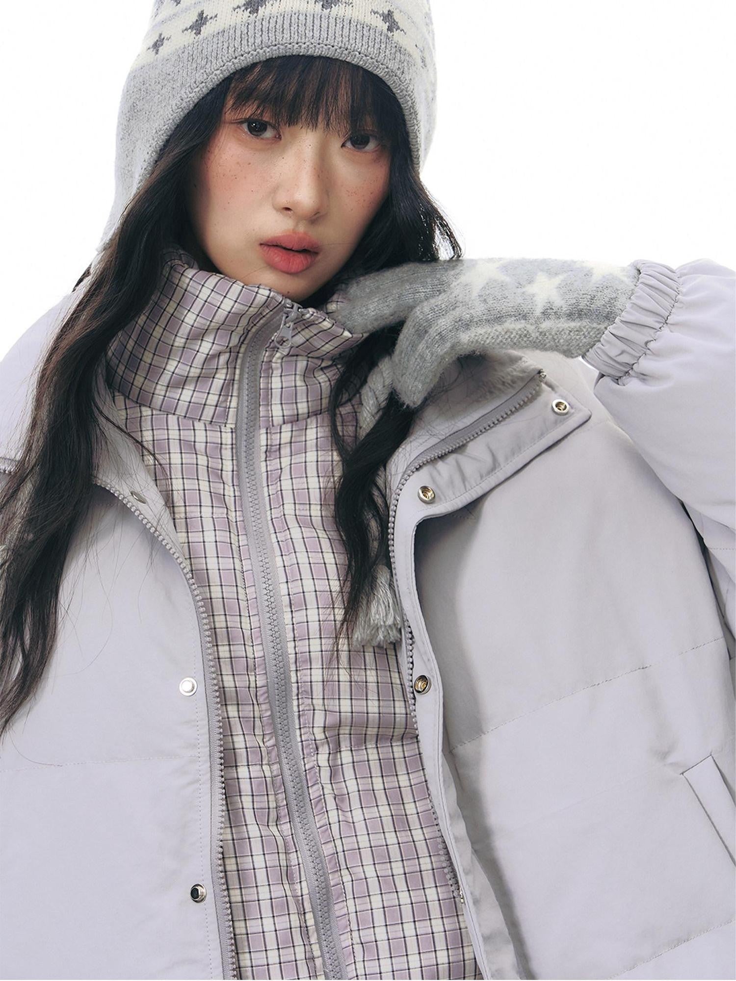 NAPSNAPS Plaid Faux Two Piece Stand Collar Loose Women&