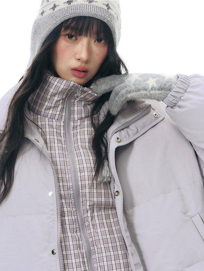 NAPSNAPS Plaid Faux Two Piece Stand Collar Loose Women&