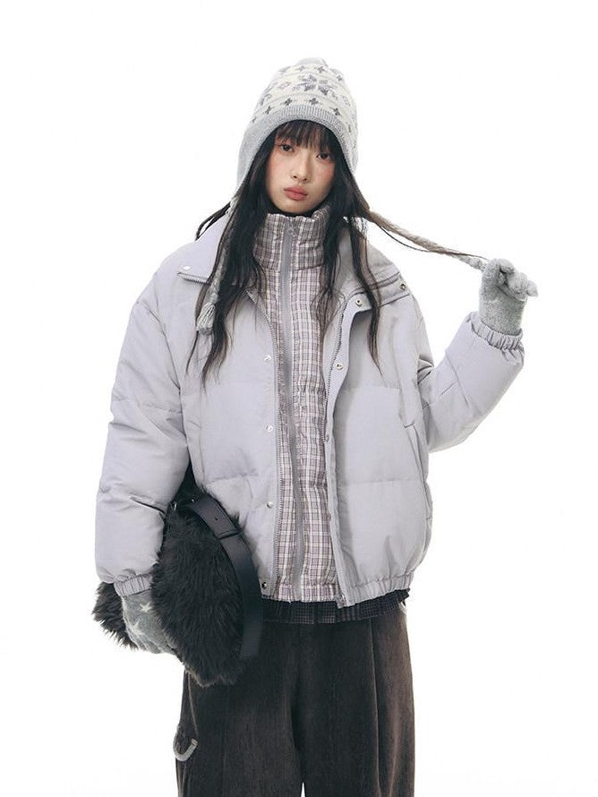 NAPSNAPS Plaid Faux Two Piece Stand Collar Loose Women&
