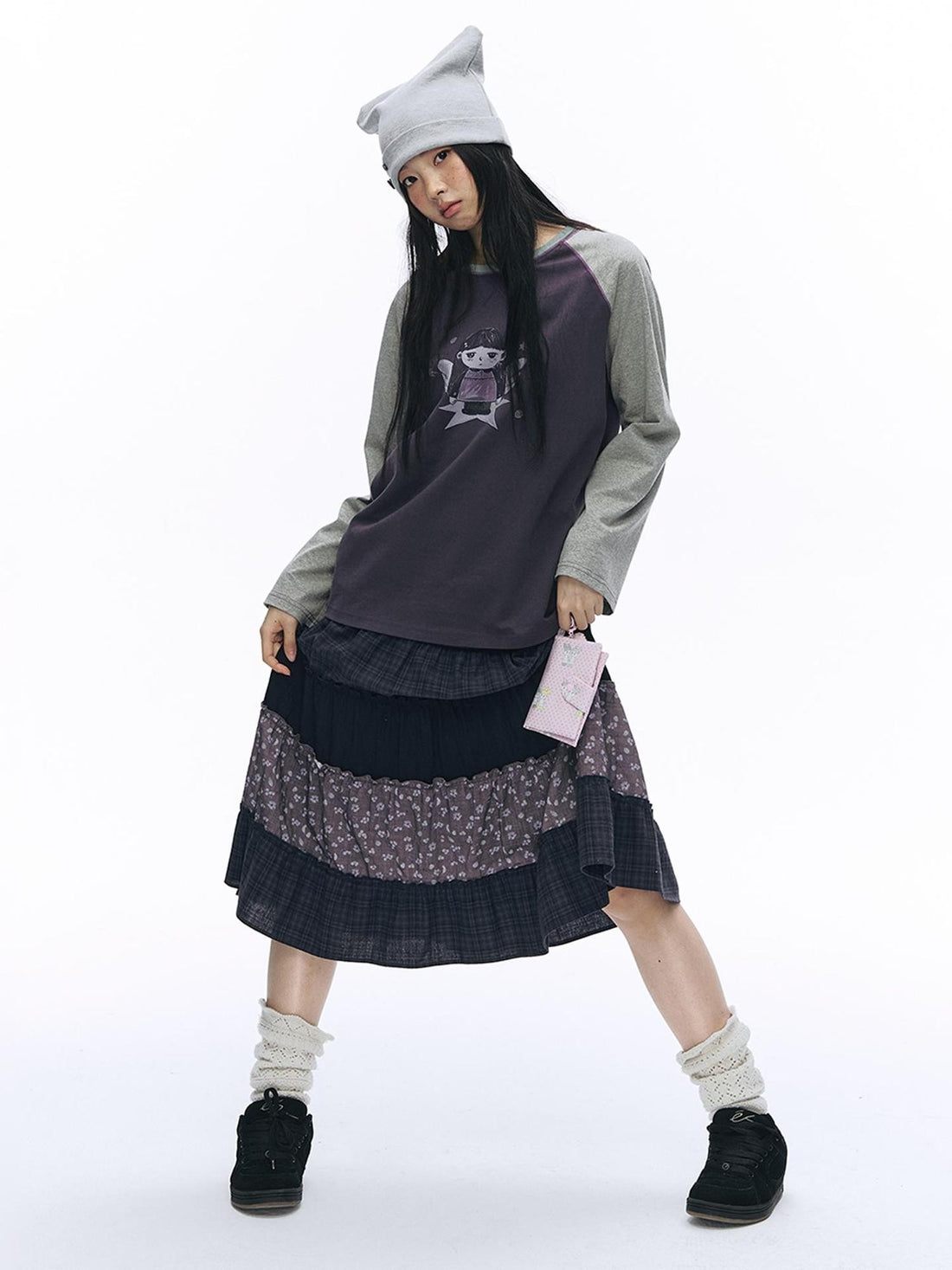 NAPSNAPS Plaid Floral Print Spliced Elastic Waist Umbrella Women&