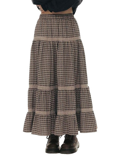 NAPSNAPS Plaid Patchwork Lace Trim Women&