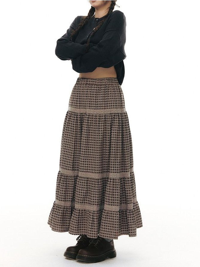 NAPSNAPS Plaid Patchwork Lace Trim Women&