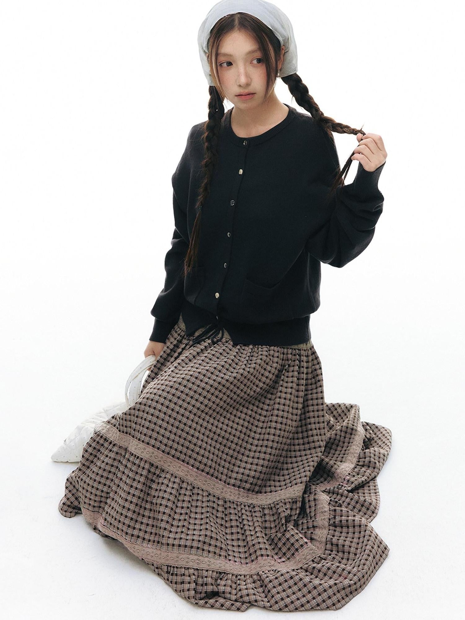 NAPSNAPS Plaid Patchwork Lace Trim Women&