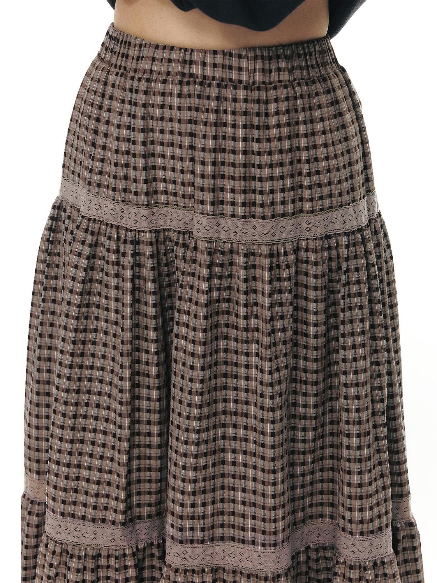 NAPSNAPS Plaid Patchwork Lace Trim Women&