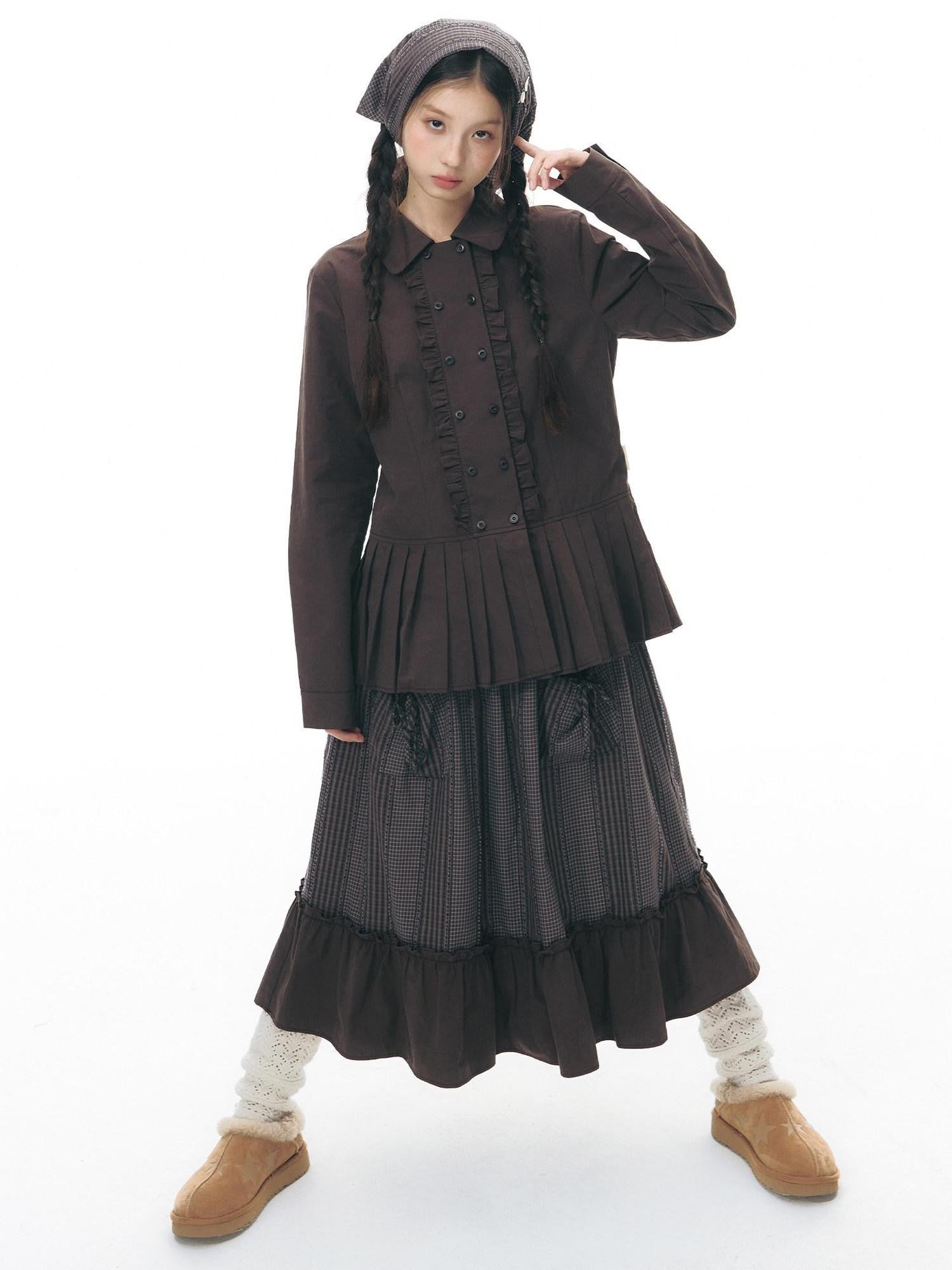 NAPSNAPS Plaid Patchwork Ruffle Trim A Line Women&