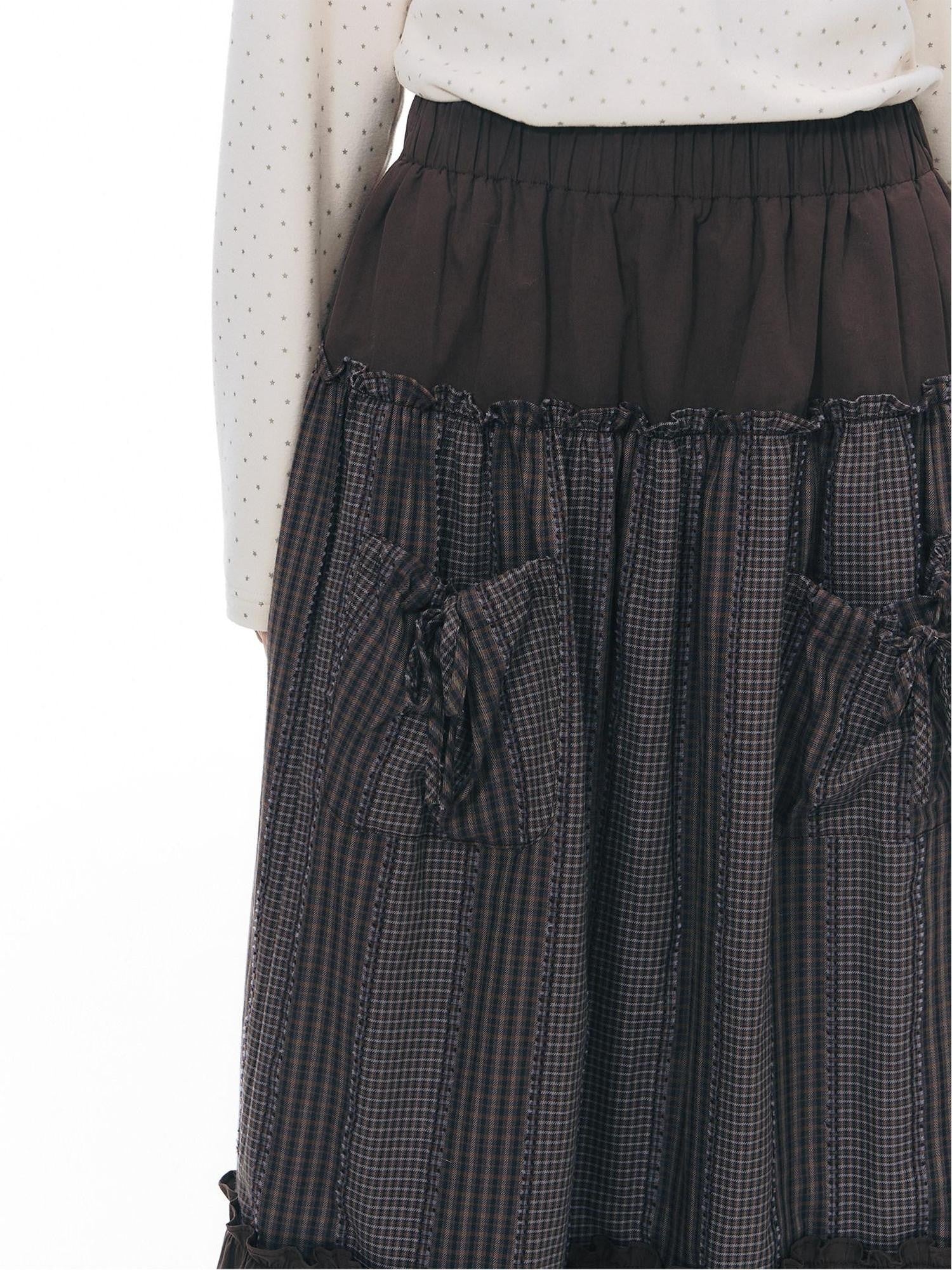 NAPSNAPS Plaid Patchwork Ruffle Trim A Line Women&