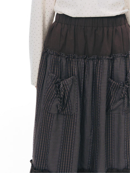 NAPSNAPS Plaid Patchwork Ruffle Trim A Line Women&