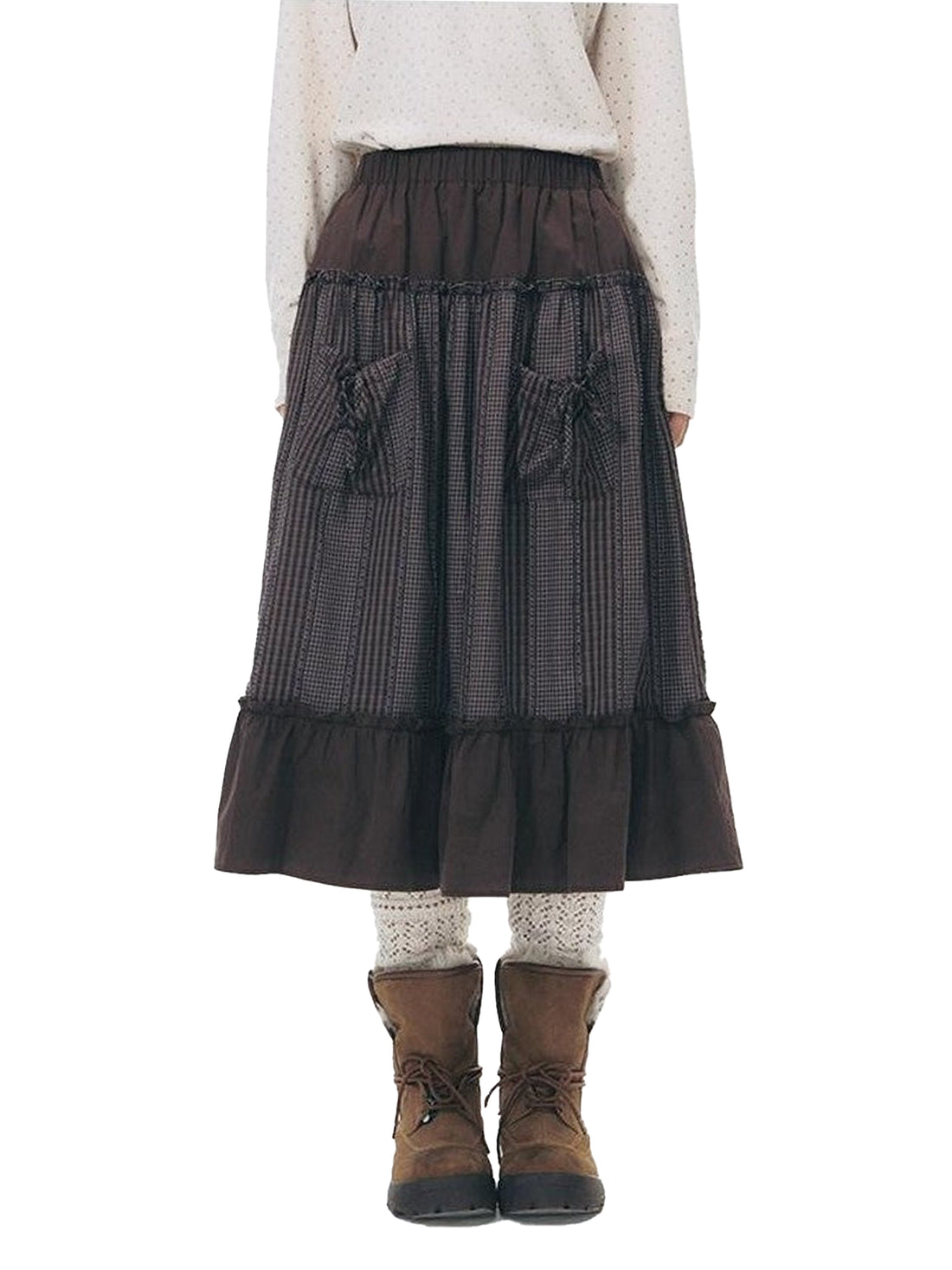 NAPSNAPS Plaid Patchwork Ruffle Trim A Line Women&