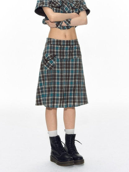 NAPSNAPS Plaid Pleated Pocket A Line Low Waist Women&