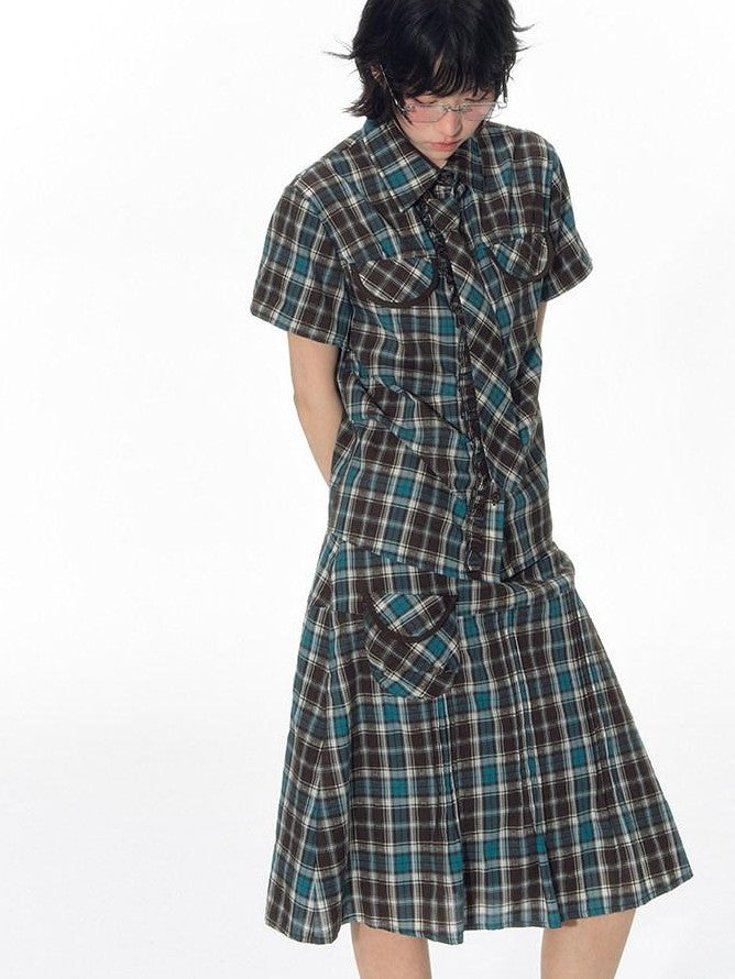 NAPSNAPS Plaid Pleated Pocket A Line Low Waist Women&