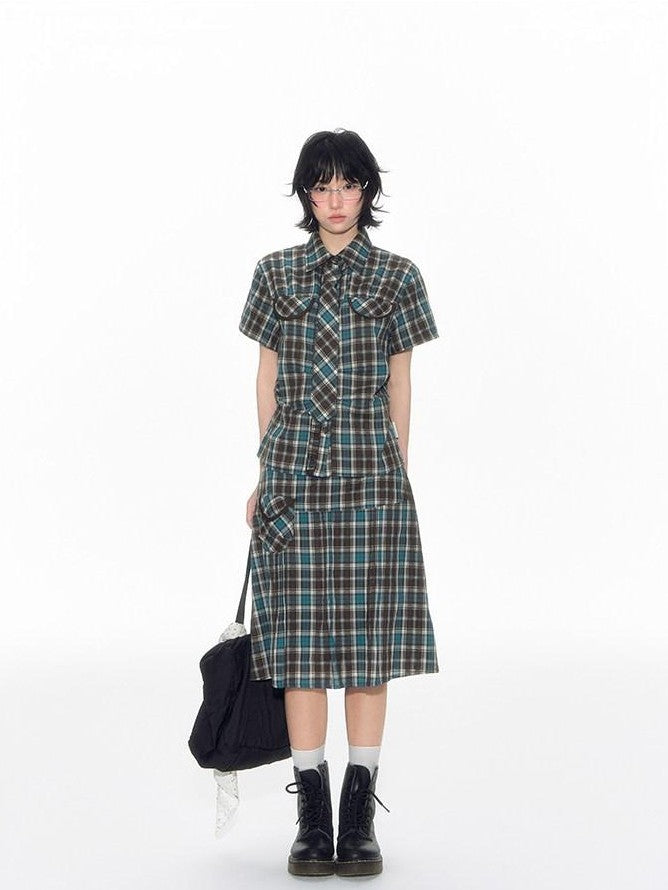 NAPSNAPS Plaid Pleated Pocket A Line Low Waist Women&